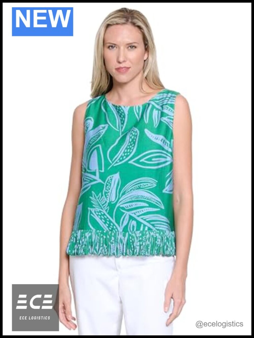 Printed Shell Top Loop Fringe Trim Sleeveless Relaxed Fit Women's Blouse